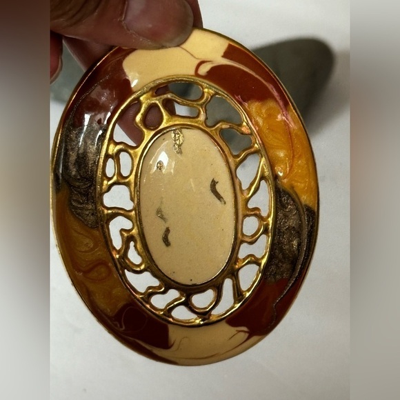 Artisan Belt Buckle Painted Enamel Cutout Oval Glossy Abstract Art to Wear Gold - Picture 4 of 6